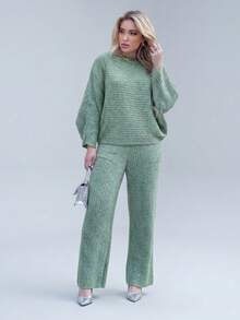 Women's Mint Green Cold Weather Set In Ribbed Mousse Knit Oversize Top And Pants | Fits 36 To 44 Textured Pattern Wool-Like Fabric Pocket Drawstring Women's Daily Fall/Winter Clothing - Mint Green - View 1