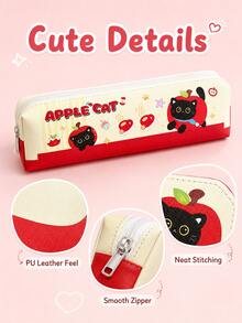 Trousse à crayons en PU Chat Pomme mignon, sac de rangement de papeterie léger avec fermeture éclair pour étudiants, pochette à crayons imprimée chat noir de dessin animé japonais, 4 styles envoyés aléatoirement 1, sac de rangement pour l'école et le bureau - Chaton Pomme (un des quatre modèles sera sélectionné au hasard) - Voir 4