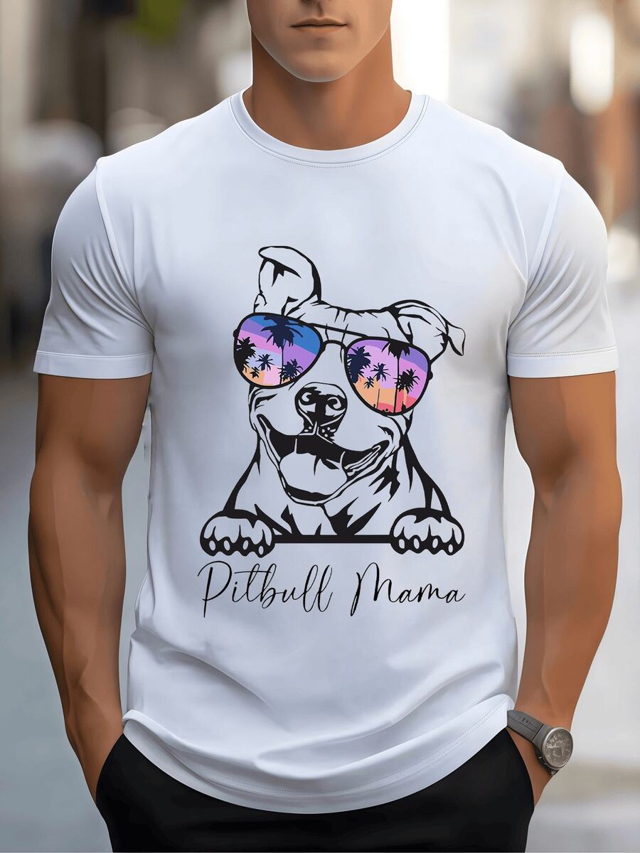 Perro pitbull alegre con gafas de sol reflejando palmeras tropicales y texto decorativo mama para esta suave camiseta de hombre de verano - Blanco - Ver 1