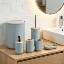 1pc, 4pcs, 6pcs Light Blue Bamboo Lid Bathroom Accessories, Including - Trash Can, Toilet Brush, Soap Dispenser, Toothbrush Holder, Toothbrush Rack, Soap Dish, Suitable For - Bathroom, Apartment, Rental Home - Multicolor - View 6