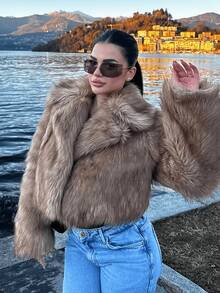 Women's Winter New Vintage Luxury Fashion Elegant Faux Fur Collar Coat - Brown - View 6