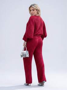 Women's Cold Weather Set In Ribbed Mousse Knit - Oversized Blouse And Pants | Fits Sizes 36 To 44 | Textured Pattern | Wool-Like Fabric | Drawstring Pocket | Women's Clothing | Daily Wear | Autumn/Winter - Red - View 1