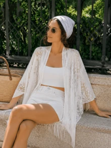 1pc Solid Color Elegant Polyester Women's Shawl, All-Season Sun Protection Long Cape Lace Cardigan - White - View 1