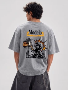 Men's T-Shirt Washed T-Shirt Y2K Modelo Beer Skeleton Graphic Print Vintage Streetwear Heavyweight Oversized Casual Summer Tee - 灰色 - 查看 2