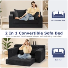 Convertible Sofa Bed, Loveseat Folding Floor Futon Sleeper Sofa Couch Bed- Full Size Boneless Foldable Couch, Corduroy Pull Out Sofa Bed With 2 Pillows For Living Room & Bedroom - 黑色 - 查看 2