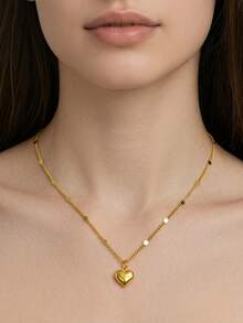 Elegant Minimalist Engraved Heart S925 Silver Necklace, 18K Gold Plated Plain Metal Anti Allergy Daily Office Jewelry - Gold - View 5