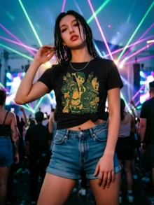 Women's Sweet Vintage Floral Short Sleeve Yellow T-Shirt - Round Neck Casual Soft Cotton Tee for Weekend, Party & Casual Daily Wear - Negro - Ver 1