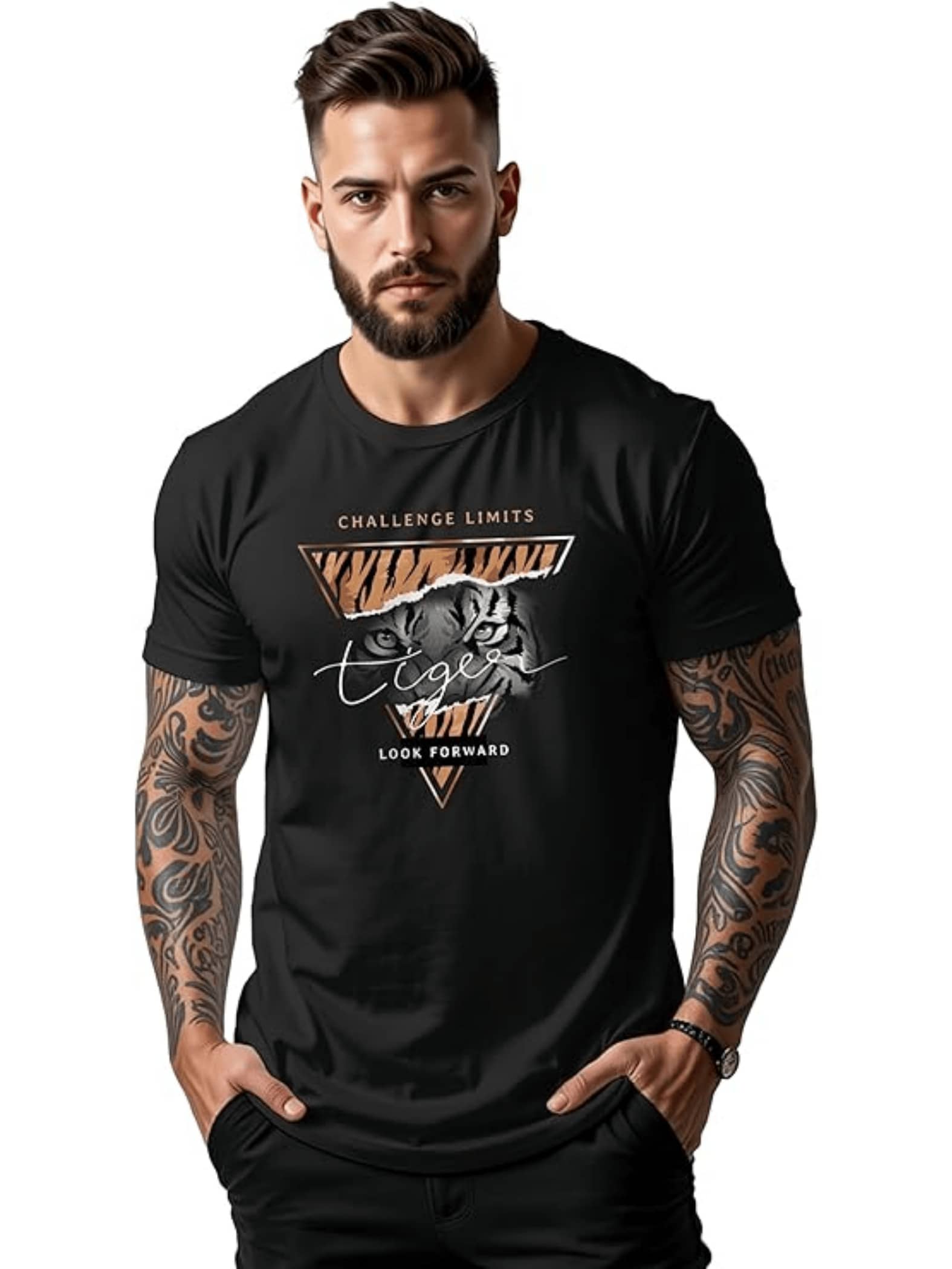 The Tiger Symbolizes Strength, Determination, And A Courageous Mind, With A Message That Inspires Overcoming Limits. A Modern, Comfortable Men's T-Shirt For Everyday Wear. - 黑色 - 查看 1