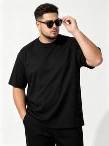 Men's Heavyweight Drape Ribbed Crew Neck Short Sleeve Plus Size Loose Fit Casual Everyday Undershirt Sports - Black - View 1