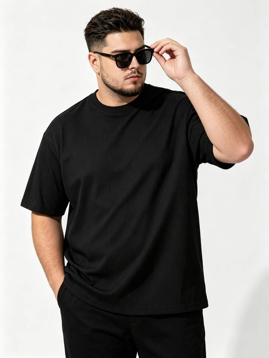 Men's Heavyweight Drape Ribbed Crew Neck Short Sleeve Plus Size Loose Fit Casual Everyday Undershirt Sports - Black - View 1
