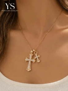 1pc [Luxury Sparkling] Zirconia Inlaid Double Cross Necklace, Gold Personalized Fashion Collarbone Chain, Niche Design Religious Style Jewelry - Multicolor - View 2