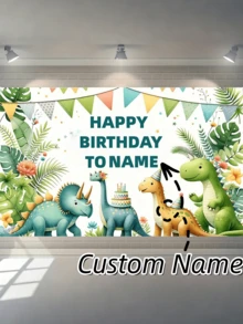 Tissu de fond de fête d'anniversaire personnalisable avec nom, bannière thème dessin animé dinosaure, décoration de baby shower. - Multicolore - Voir 1