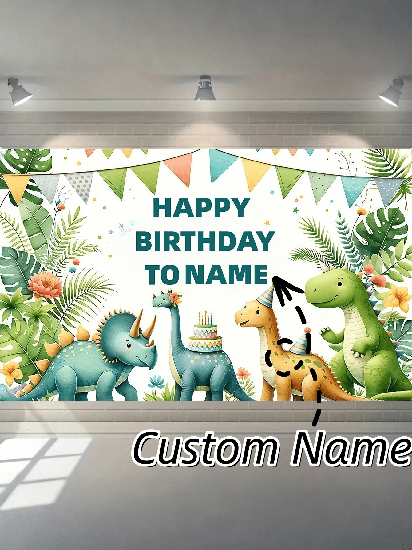 Tissu de fond de fête d'anniversaire personnalisable avec nom, bannière thème dessin animé dinosaure, décoration de baby shower. - Multicolore - Voir 1
