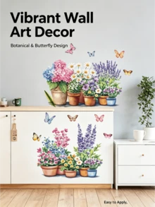 1pc Watercolor Potted Flower Butterfly Wall Sticker, Ins Pastoral Style Lavender Hydrangea Daisy Floral Art Self-Adhesive Paper, Waterproof Oil-Proof Removable No Residue No Damage To Wall, DIY Free Combination, Kitchen Cabinet Living Room Bedroom Rental Apartment Cabinet Door Blank Wall Surface Renovation Fresh Healing Home Decor Sticker - Wall Stickers - View 1