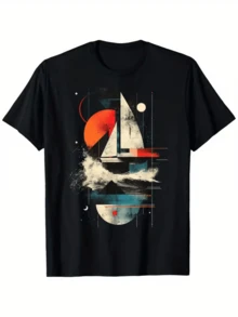 Velero geométrico con olas y sol naranja evocando libertad y aventura marítima camiseta de hombre casual moderna - Negro - Ver 1