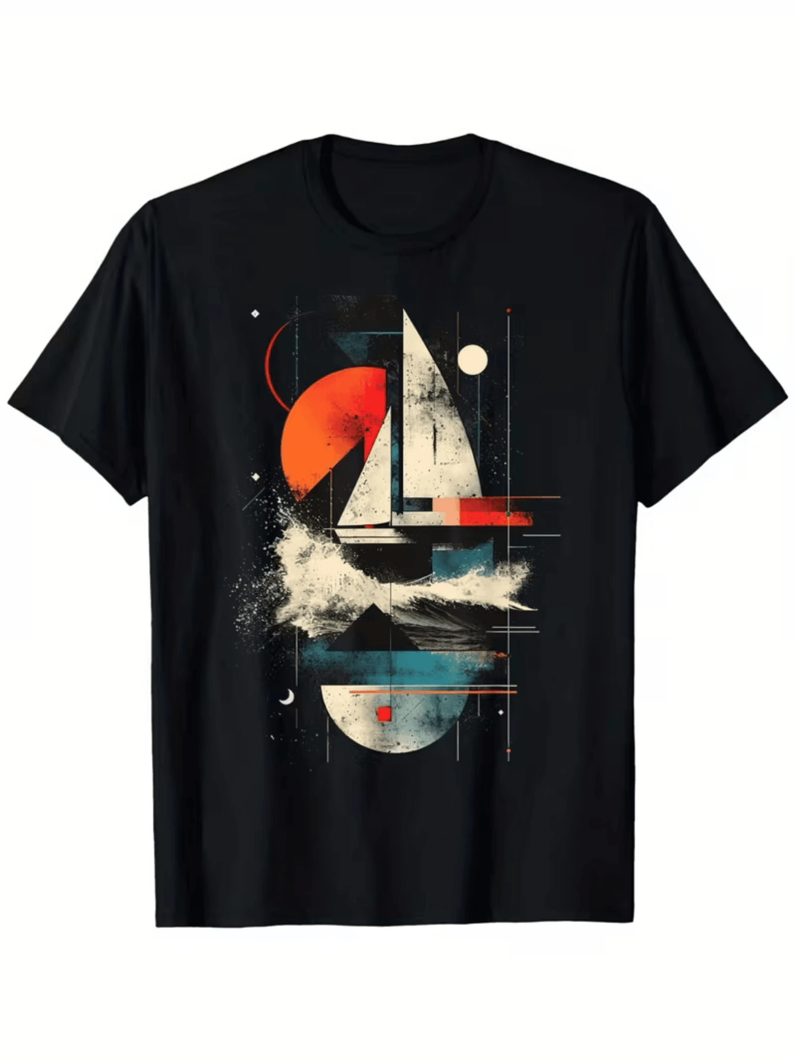 Velero geométrico con olas y sol naranja evocando libertad y aventura marítima camiseta de hombre casual moderna - Negro - Ver 1