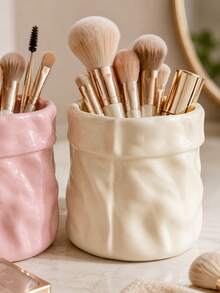 1pc Ins Cream Crinkled Paper Bag Ceramic Storage Cup, 3 Colors Peach Pink Cream White Gradient Green, Multi-Functional Makeup Brush Holder Pen Mini Dried Flower Vase, Aesthetic Decor For Vanity Desk Bathroom Sink Entryway Office Airbnb Home - Paper Bag Beauty Storage - View 10