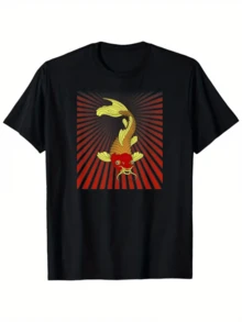 Pez koi dorado que simboliza fuerza y perseverancia sobre un fondo rojo radiante camiseta de hombre moderna y casual - Negro - Ver 1
