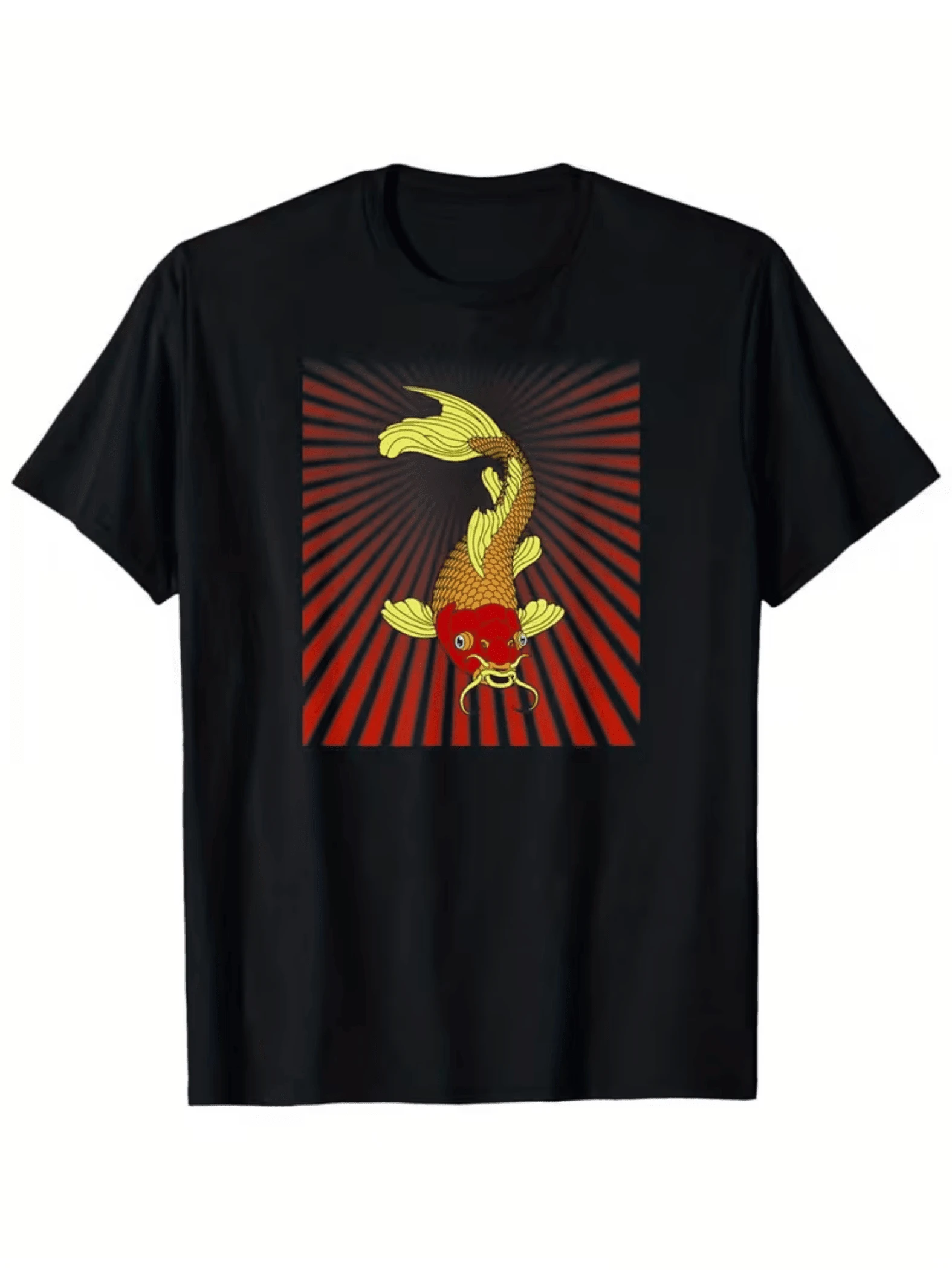 Pez koi dorado que simboliza fuerza y perseverancia sobre un fondo rojo radiante camiseta de hombre moderna y casual - Negro - Ver 1