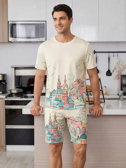 Men's Watercolor City Landscape Print Pajama Set, Casual Short Sleeve T-Shirt + Shorts, Loose Comfortable Loungewear