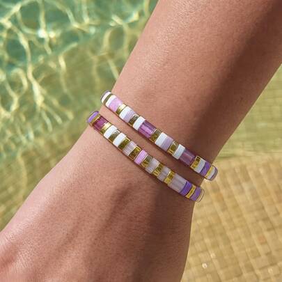 Set Gelang TILA Wanita 2 Buah, Berlapis Emas 18K, Tanpa Inlay, Pola Geometris Bohemian, Cocok untuk Sehari-hari & Liburan