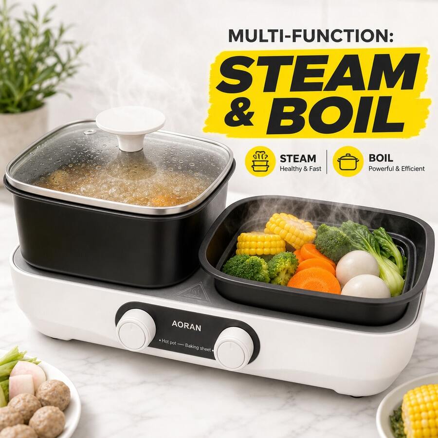 AORAN Multi-Function Electric Grill & Hot Pot, Korean BBQ Grill With Dual Temperature Control, Nonstick Smokeless Indoor Grill, Electric Skillet Combo For Steak, Burgers, Bacon, Seafood & Hot Pot, Fast Heating, Family Party Cooker - US B Type Plug(110-127V) - View 1