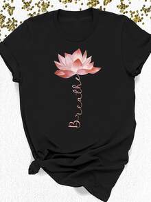 Camiseta Unisex Algodón Flor de Loto Rosa Acuarela Caligrafía Breathe, Playera Zen Yoga Minimalista - Negro - Ver 1