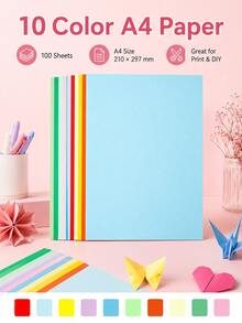 A4 Colored Craft Paper, 10 Bright Colors Assorted 100 Sheets, 210*297mm Colored Copy Paper, Suitable For Students Origami DIY Crafts Printing School Art Projects - Multiple Styles - View 1