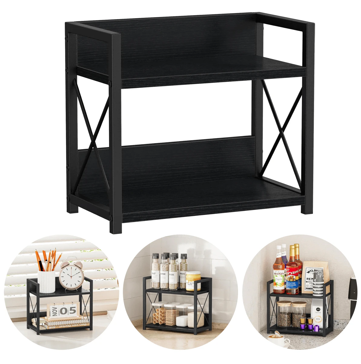 Countertop Shelf Organizer, Coffee Bar Accessories, Spice Rack, Coffee Countertop Shelf, 2-Tier Coffee Organizer Station For Cups, Glasses, Creamer And Syrup (Brown) - 黑色 - 查看 1