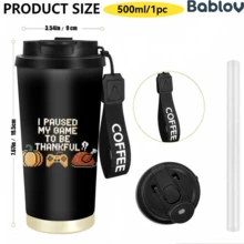 1 Stück/5 Stücke 500ml Edelstahl isolierter Kaffeebecher, Muster mit Spiel Kürbis Truthahn Zitat Muster, mit Klappdeckel und "COFFEE" Griffband, auslaufsicher vakuumisoliert, langanhaltende Kälte- und Wärmespeicherung, geeignet für Pendeln und Reisen, exquisites Thanksgiving Geschenk für Gamer - Schwarzes Pixelspiel - Übersicht 8