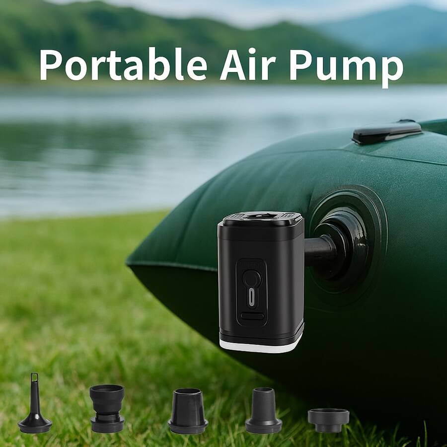 Portable Rechargeable Air Pump, 3-In-1 Inflator & Deflator Pump, LED Light, 5 Nozzles, USB Charging, ABS Material, Camping Essential