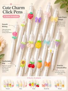 30/6/3/1pc Macaron Color Fruit Flower Butterfly Cute Pens, Japanese Style Cute High-Quality Plastic Retractable Round Barrel 3D Pendant Smooth Writing Stationery, Essential Back To School Gift For Girls And College Students - Multiple Styles - View 7