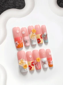 10件裝時尚手工穿戴式假指甲，Polygel美甲套組，3D花朵設計，黃色、紅色與粉色指甲油，優雅風格，含美甲工具，3種尺寸可選，杏仁形、鴨嘴形、棺材形，適合派對、跳舞、日常配戴 - 彩色 - 查看 4