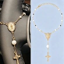 Universal Car Rearview Mirror Rosary (With Pendant) And Cross Evil Eye Rearview Mirror Hanging Ornament, Gold Car Rearview Mirror Metal Medal And Cross Pendant, Cross Bracelet, Virgin Mary Bracelet, Baptism Prayer Bracelet - A - View 1