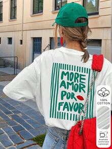 女款夏季 More Amor Por Favor 唇形與字母背印寬鬆 T-shirt，口號寬鬆上衣，適合城市漫步、度假、約會休閒白色 - 白色 - 查看 3