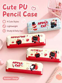 Trousse à crayons en PU Chat Pomme mignon, sac de rangement de papeterie léger avec fermeture éclair pour étudiants, pochette à crayons imprimée chat noir de dessin animé japonais, 4 styles envoyés aléatoirement 1, sac de rangement pour l'école et le bureau - Chaton Pomme (un des quatre modèles sera sélectionné au hasard) - Voir 1