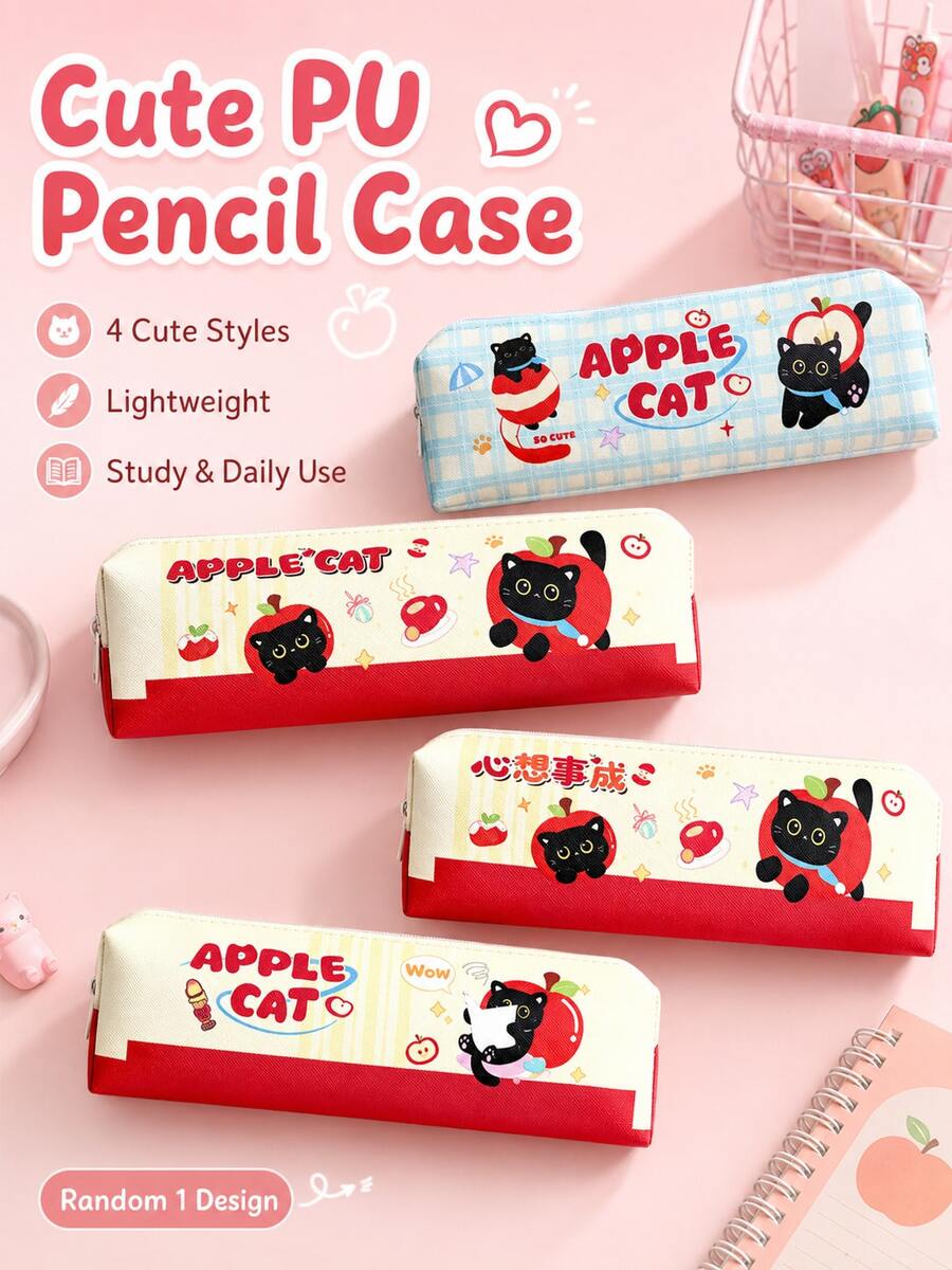 Trousse à crayons en PU Chat Pomme mignon, sac de rangement de papeterie léger avec fermeture éclair pour étudiants, pochette à crayons imprimée chat noir de dessin animé japonais, 4 styles envoyés aléatoirement 1, sac de rangement pour l'école et le bureau - Chaton Pomme (un des quatre modèles sera sélectionné au hasard) - Voir 1