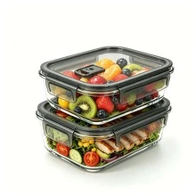 2pcs Sealed Glass Food Storage Containers,Lid With Air Vents, Lunch Boxes, Microwave, Oven - Perfect For Salads, Fruits, Vegetables, And Sandwiches. Sealed Storage | Durable Glass Food Storage Containers. - 2pcs Gray - View 1
