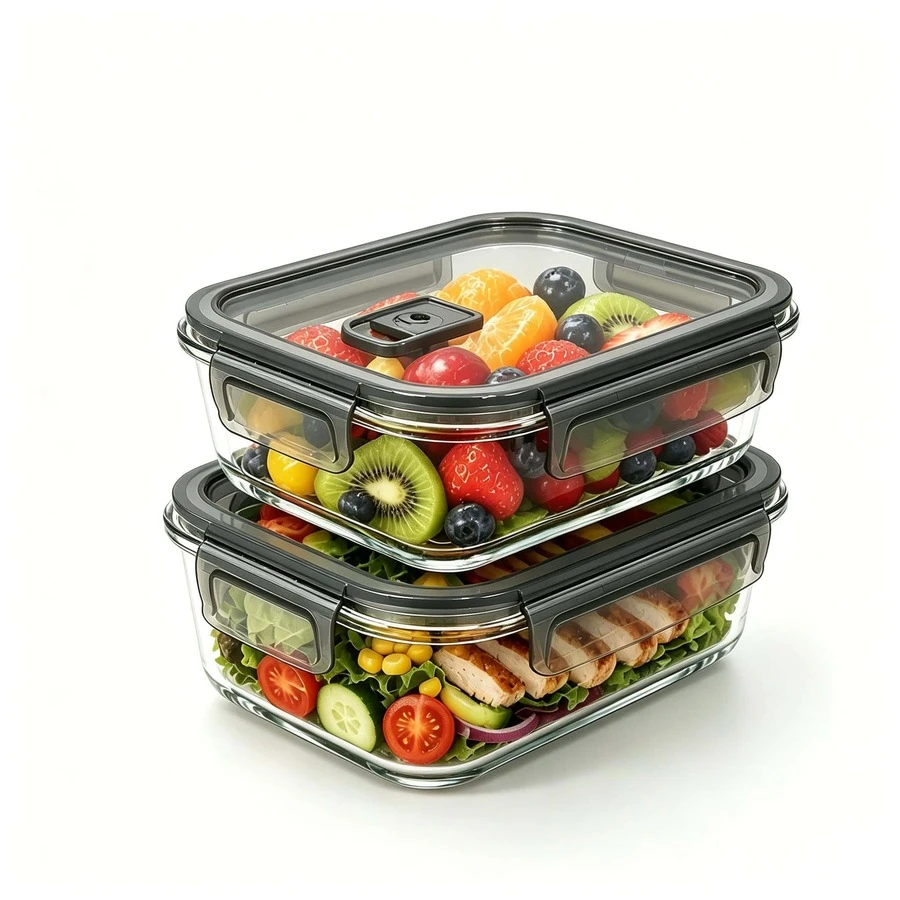 2pcs Sealed Glass Food Storage Containers,Lid With Air Vents, Lunch Boxes, Microwave, Oven - Perfect For Salads, Fruits, Vegetables, And Sandwiches. Sealed Storage | Durable Glass Food Storage Containers. - 2pcs Gray - View 1