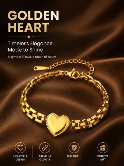 VceTd 1pc Fashion Minimalist Style Stainless Steel Women's Chain Bracelet With Watch Strap Design And Glossy Heart Shape, Suitable For Women's Daily Wear, Holiday Parties, Dates, Afternoon Tea, Or As A Holiday Gift For Women Or Loved Ones