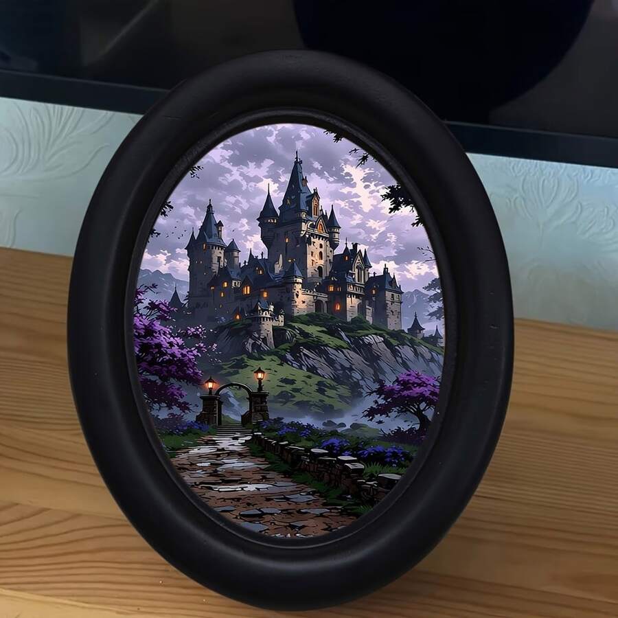 1pc Bohemian Style Vertical Decorative Photo Frame With Magic Fairy Tale Castle Print - Oval Black Photo Frame, Suitable For Room Decor, Wall Art, Medieval Castle Image Display, Vertical Hanging Photo Frame For Decoration