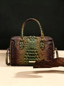 Gradient Crocodile Pattern Boston Handbag For Women, High-End Large Capacity Pillow Bag, Vintage Versatile Shoulder Crossbody Commuter Tote Bag - Green - View 5