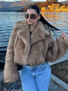Women's Winter New Vintage Luxury Fashion Elegant Faux Fur Collar Coat - Brown - View 5