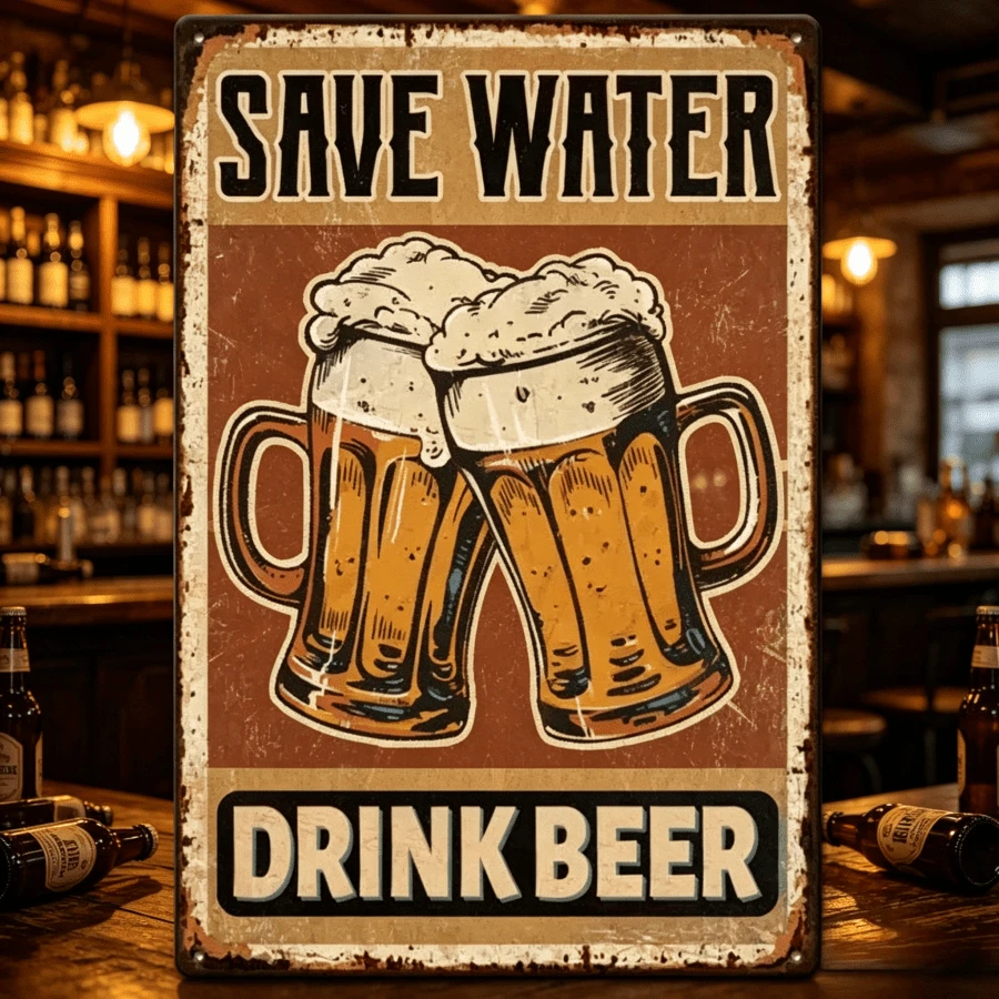 Water-Saving Beer Drinking Vintage Acrylic Wall Sign - Rustic Blue & White Nostalgic Art With Foam Beer Illustration, Durable Craft Decoration Suitable For Man Cave Or Garage - Perfect Gift And Distressed Design - 1PC - View 1