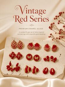 2/6/9 Pairs Minimalist Stainless Steel Earrings, Geometric Flower Design Hypoallergenic Studs, Suitable For Women's Daily, Holiday, Commute, Vacation Wear, Halloween Accessory, Women's Earrings - Red Earrings - View 5