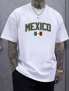 Bandera mexicana con la palabra México en letras verdes rojas y blancas que simboliza orgullo nacional pasión por la cultura y amor por la patria camiseta de hombre talla grande 100% algod - Blanco - Ver 1