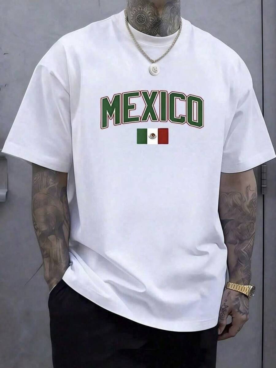 Bandera mexicana con la palabra México en letras verdes rojas y blancas que simboliza orgullo nacional pasión por la cultura y amor por la patria camiseta de hombre talla grande 100% algod - Blanco - Ver 1