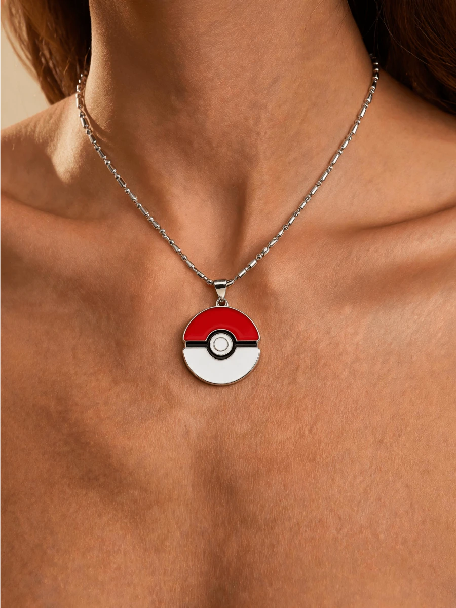 Miniso Pokemon Pokeball Pendant Necklace Silver Tone Beaded Chain 1Pc Sparkly Cute Lightweight Comfortable For Women Daily Cosplay Gift - Style1 - View 1