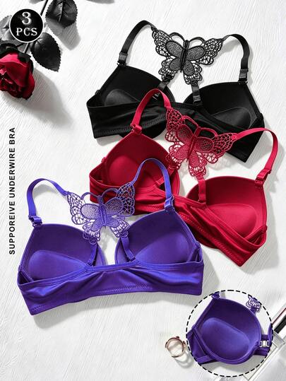 3pcs Women's Push-Up Underwire Smooth Bra, Butterfly Lace Racerback Adjustable Spaghetti Strap Sexy Lingerie, Suitable For Formal Occasions And Daily Wear