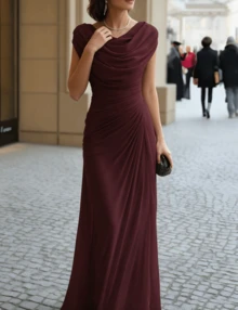 Spring And Autumn Women's Folded Ribbon Sparkling Evening DressLoose And Comfortable - Burgundy - View 8